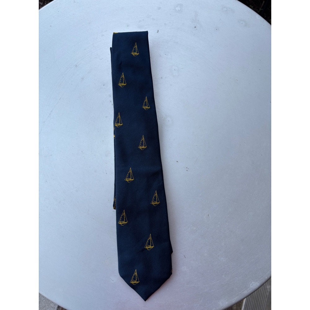 WM Chelsea Ltd Mens Navy Blue Yellow Sailboat Nautical Cotton Blend Tie Vintage
